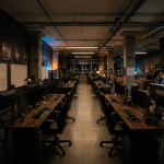 Dim game studio with empty desks