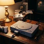 Sony PlayStation console with controller, games, and lamp on a wooden desk